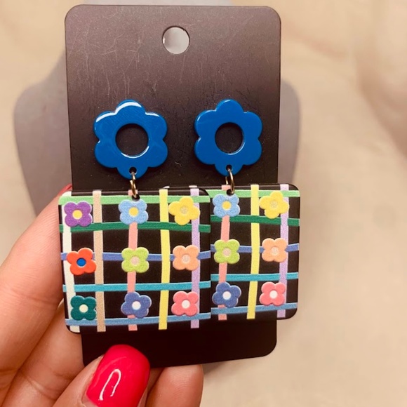 Jewelry - Retro Floral Checkerboard Acrylic Earrings